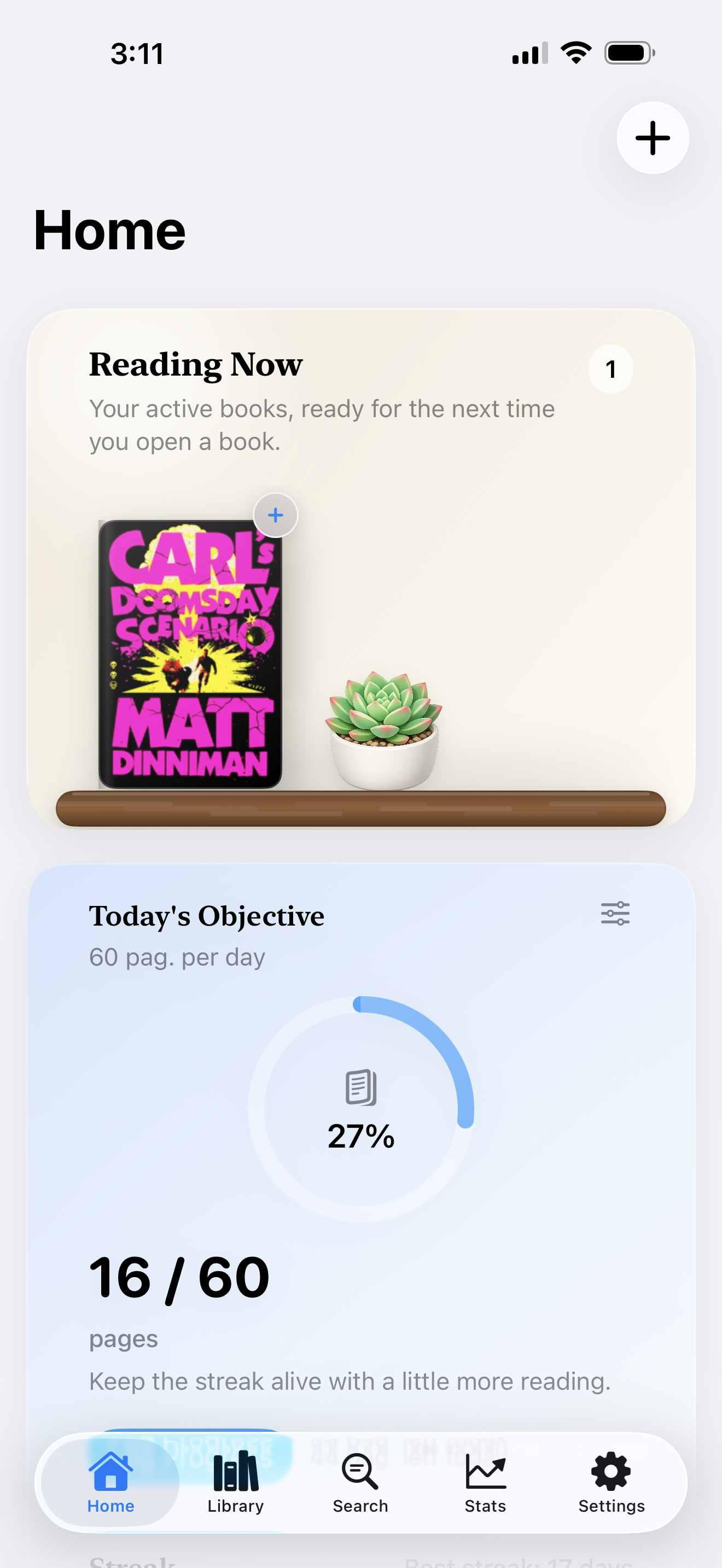 BookVault home screen with a current book and daily reading objective on iPhone