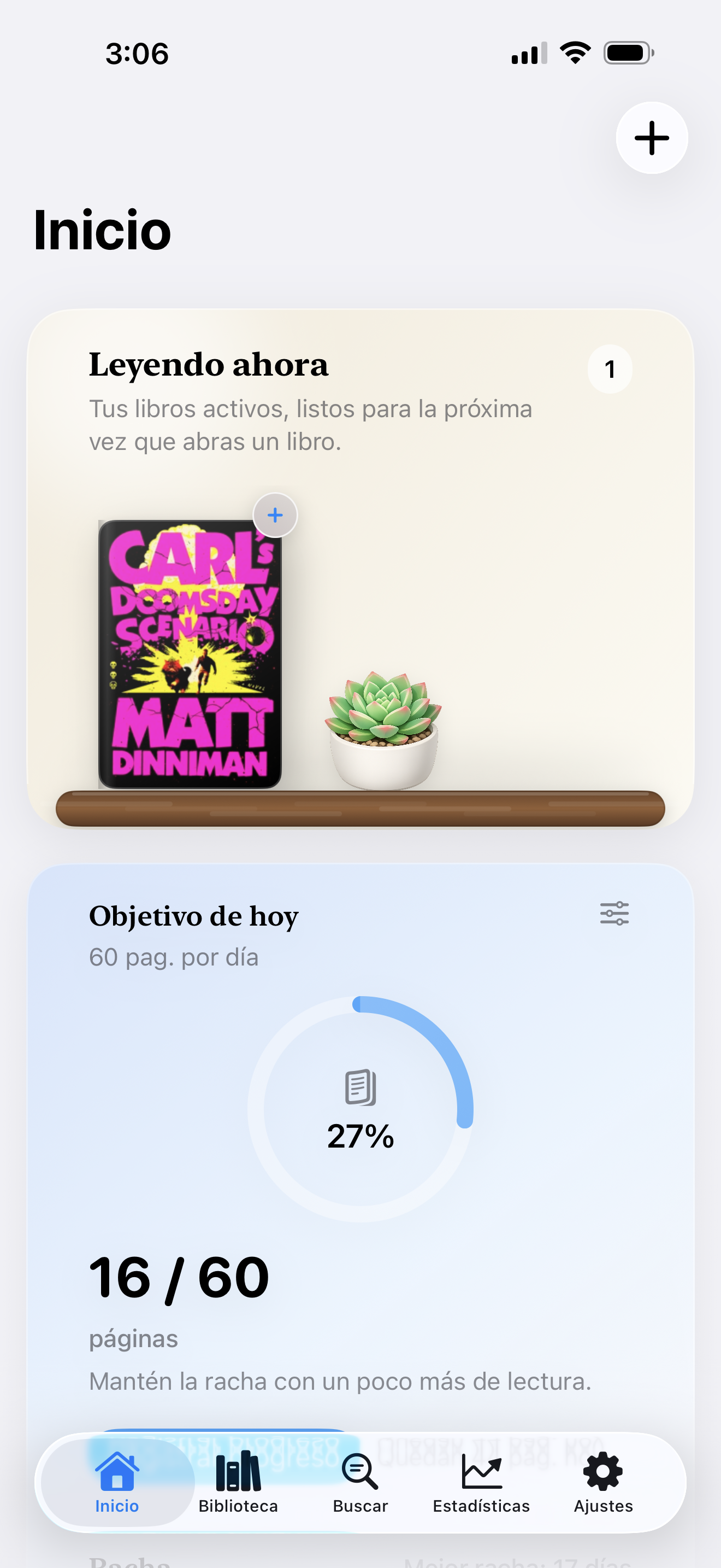 Inicio de BookVault con una lectura actual y un objetivo diario en iPhone