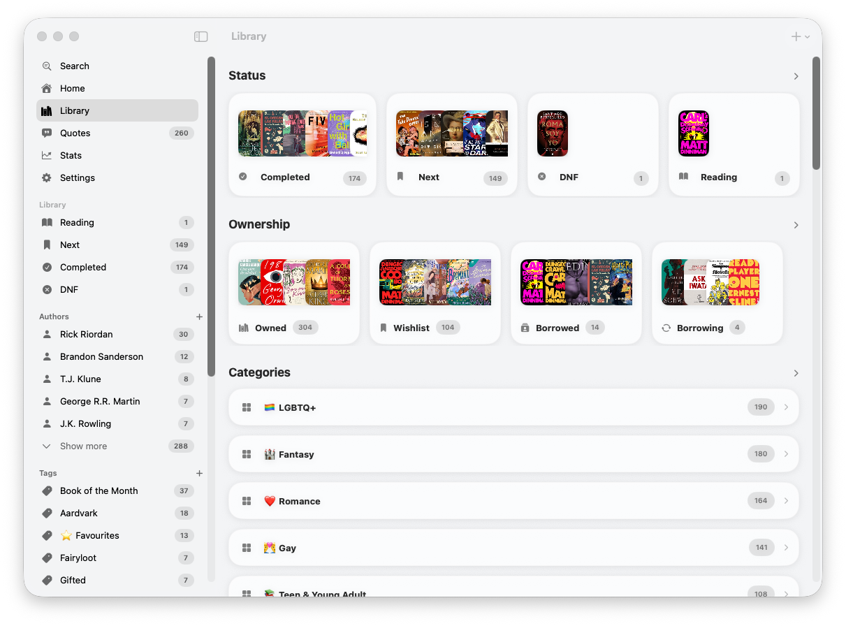 BookVault library organized by status, ownership, and category on Mac