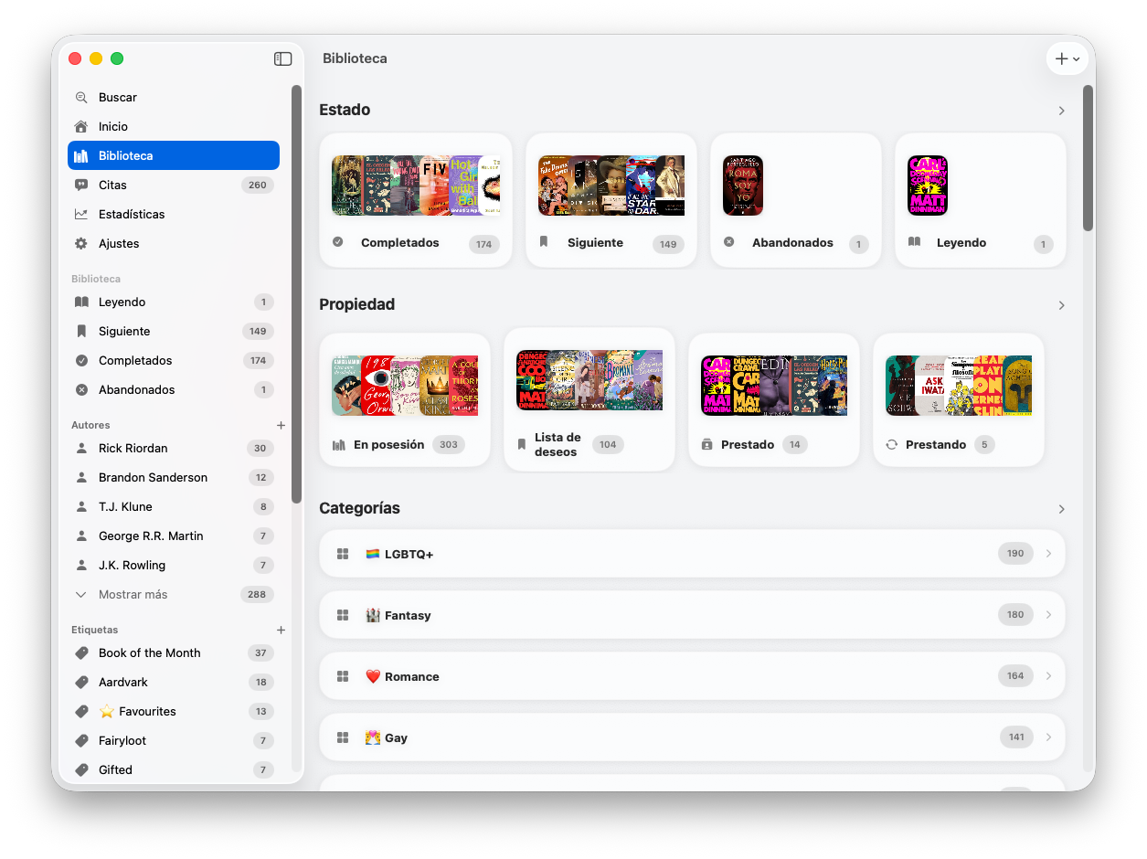 Biblioteca de BookVault organizada por estado, propiedad y categoría en Mac