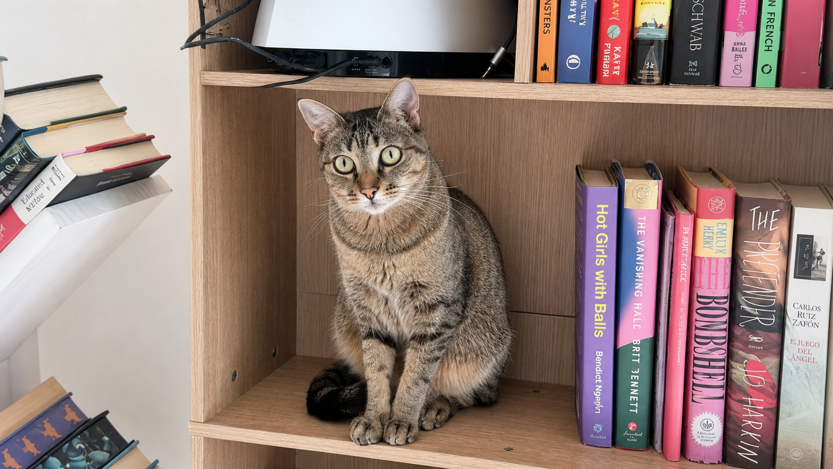 One of Luciano’s cats sitting between colorful books on a wooden bookshelf
