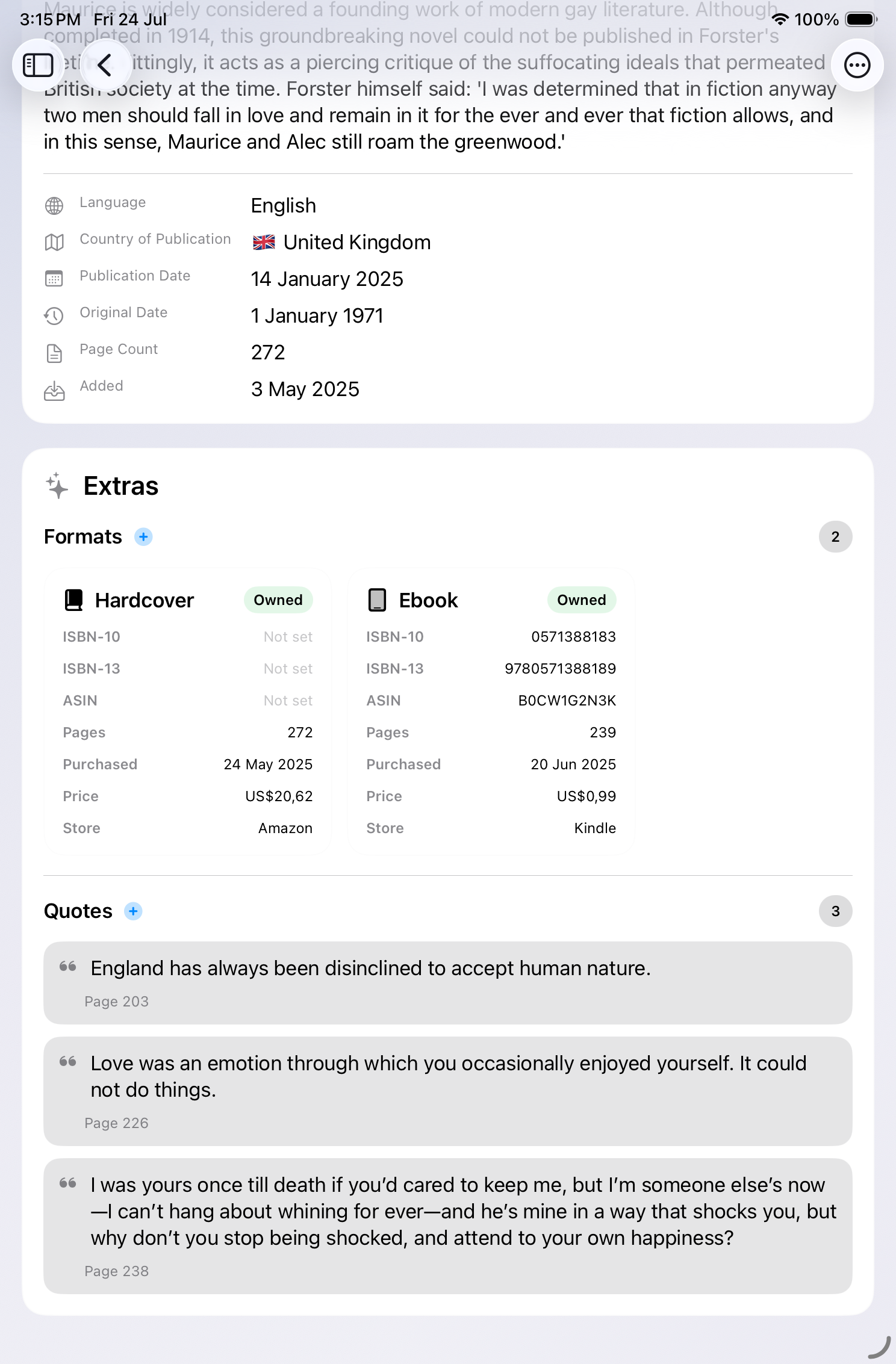 A book's formats, publication details, and saved quotes in BookVault on iPad