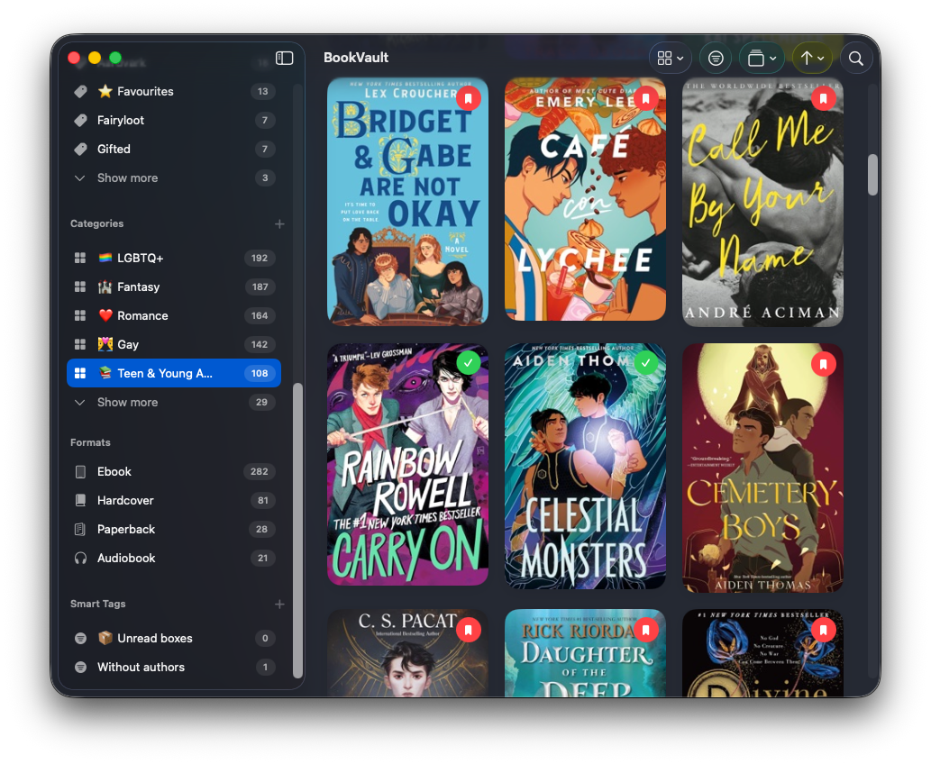 BookVault library organized by categories, formats, and Smart Tags on Mac