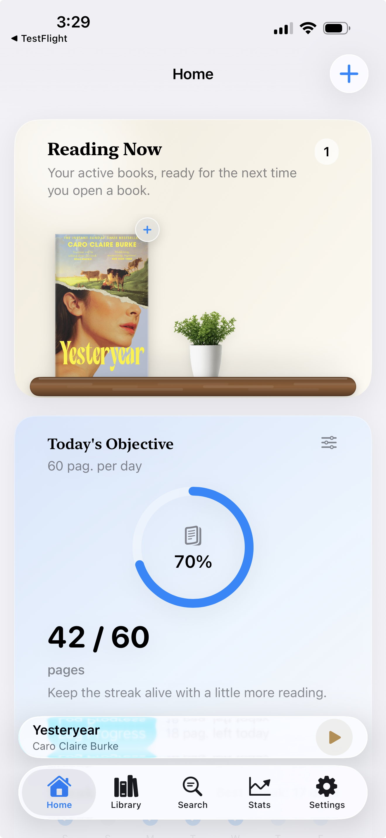 BookVault home screen with Reading Now and today's reading objective on iPhone