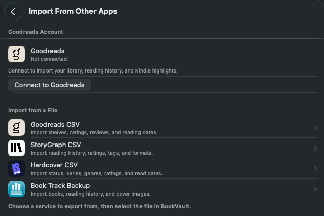 Import options for Goodreads, StoryGraph, Hardcover, and Book Track