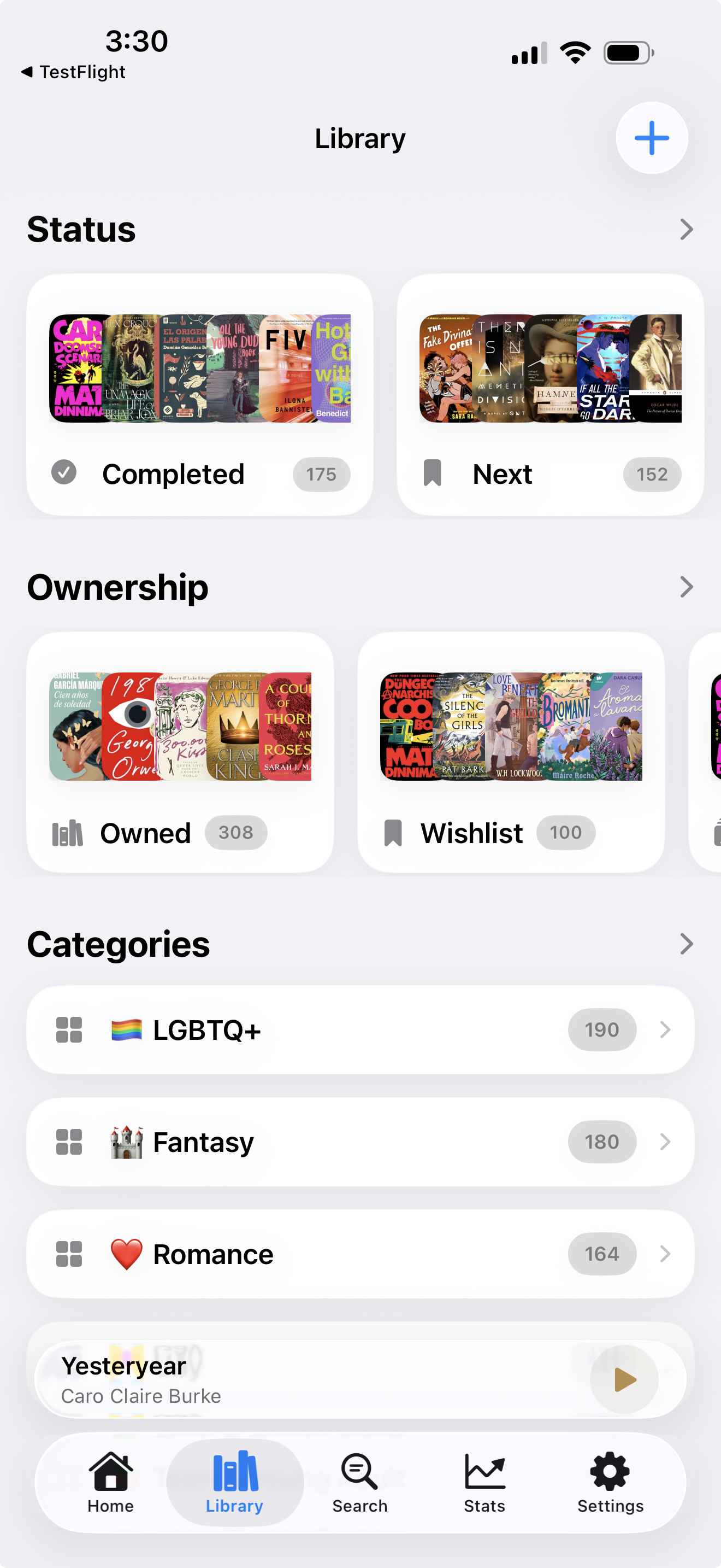 BookVault library overview with reading statuses, ownership, and categories on iPhone