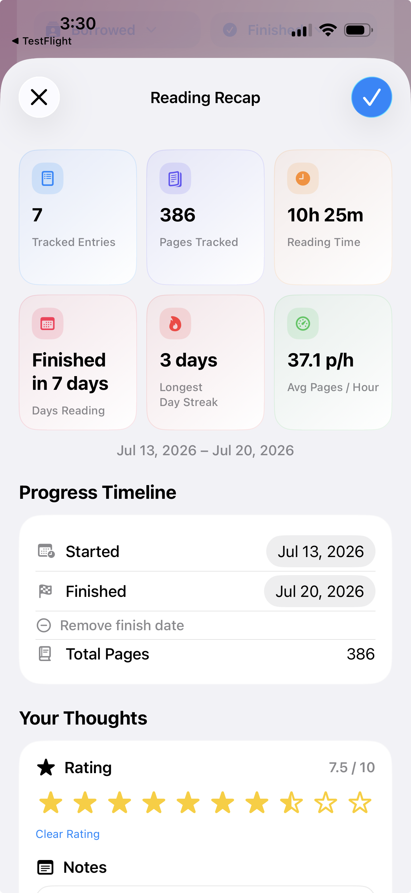 A finished-book reading recap with pages, time, streak, rating, and notes on iPhone