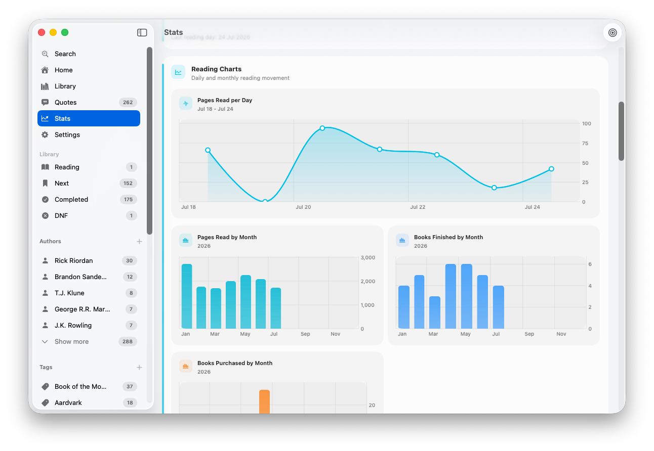 BookVault reading charts and library navigation on Mac