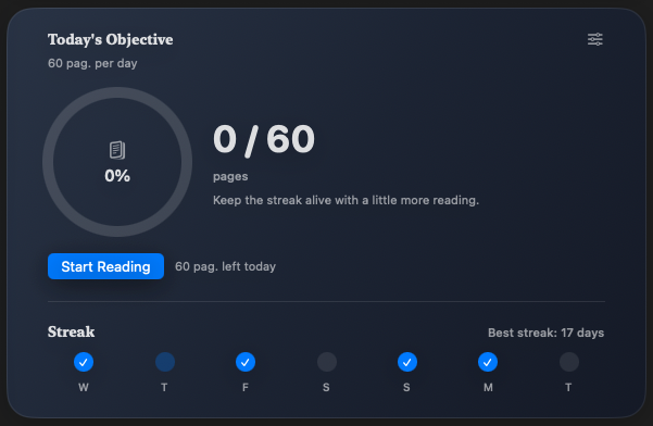Daily reading objective and weekly streak in BookVault